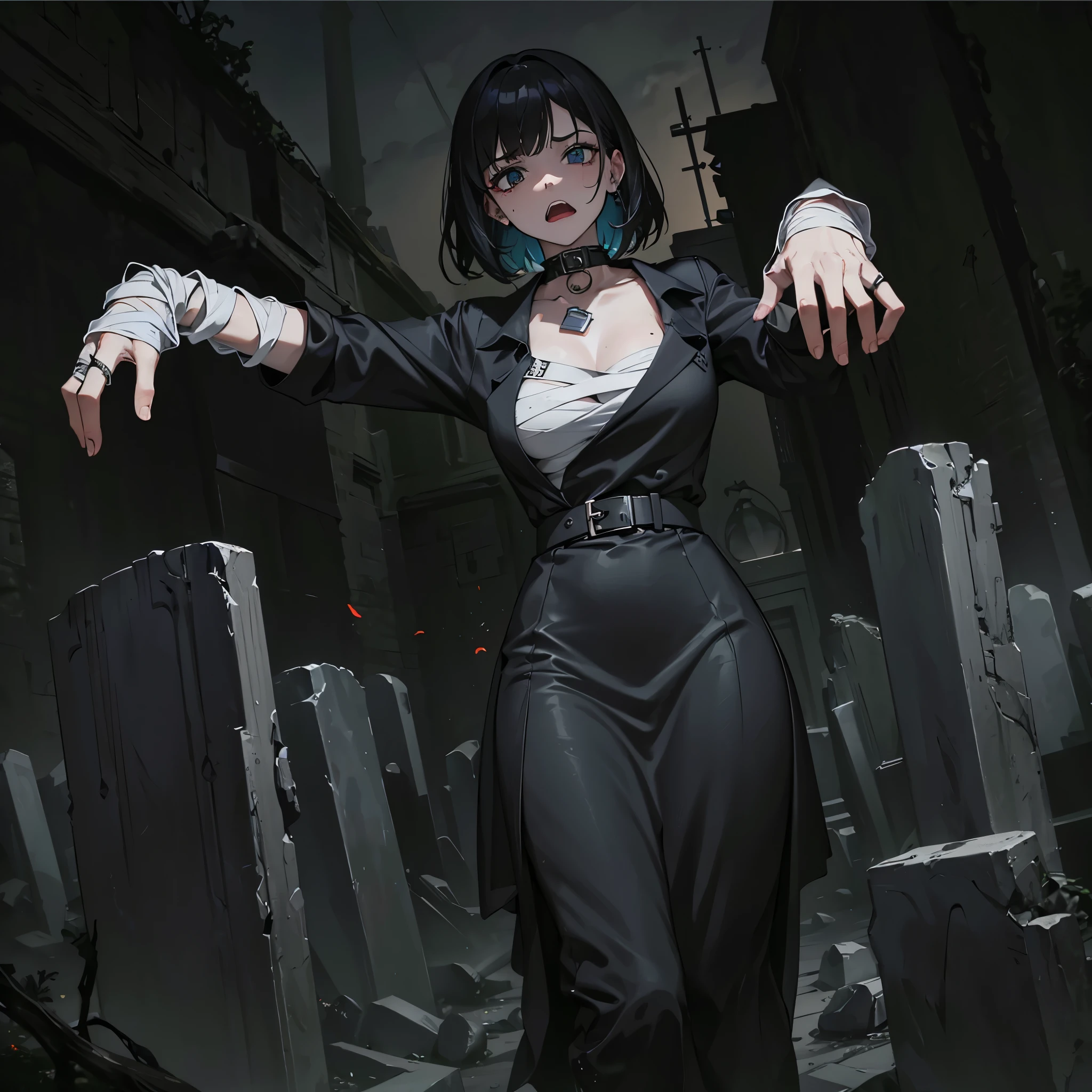Top quality, masterpiece, 8K, tons of tombstones all over, zombie woman getting up after knocking over a tomb, short black hair, princess cut, scary face staring at us, black eyes, tons of bandages on her body,
