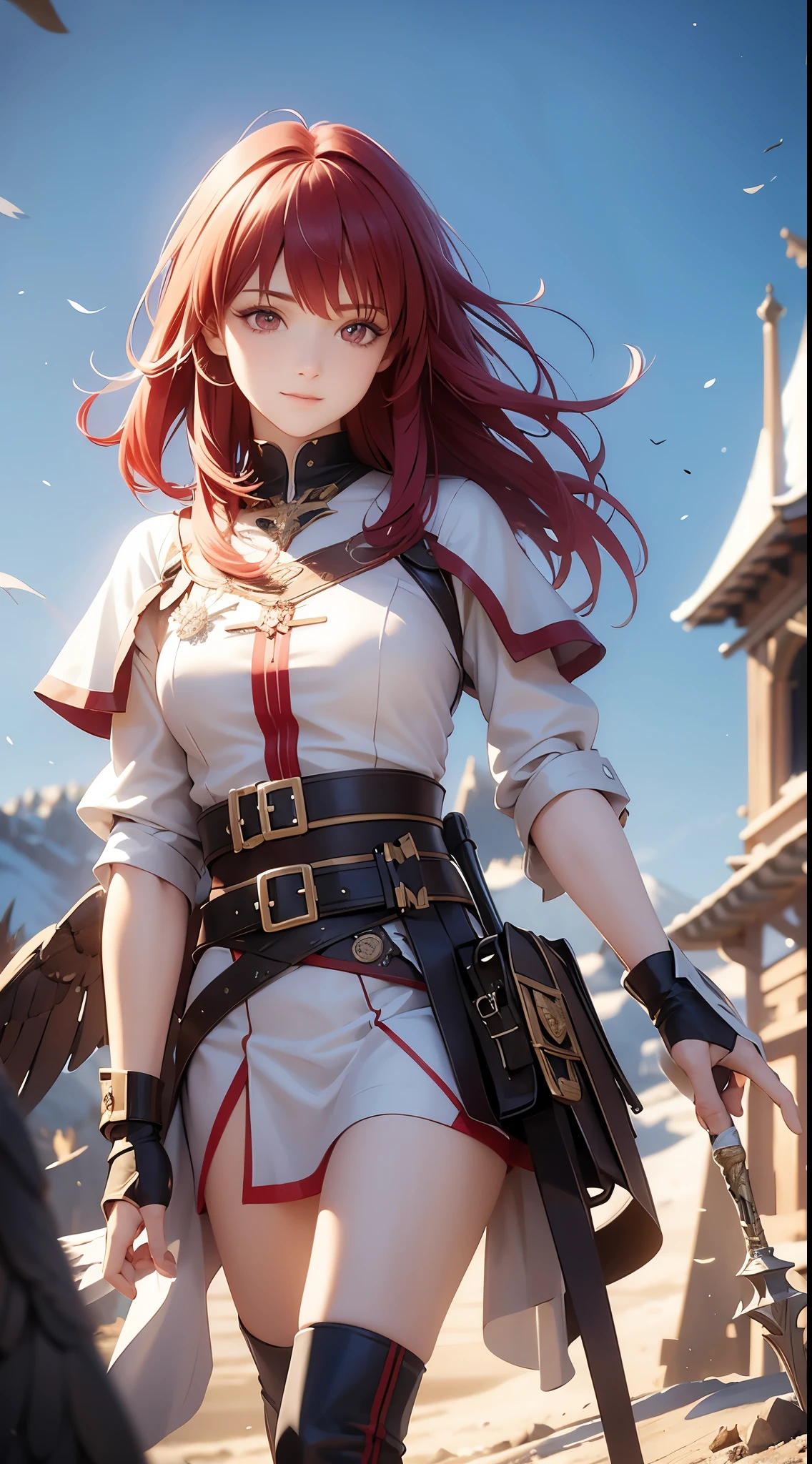 [[[ ultra-detailed, best quality, soft skin, beautiful, 4K]]], medium hair, red hair, red eyes, falcon, falconer, adventurer clothes, dynamic angle, village background.