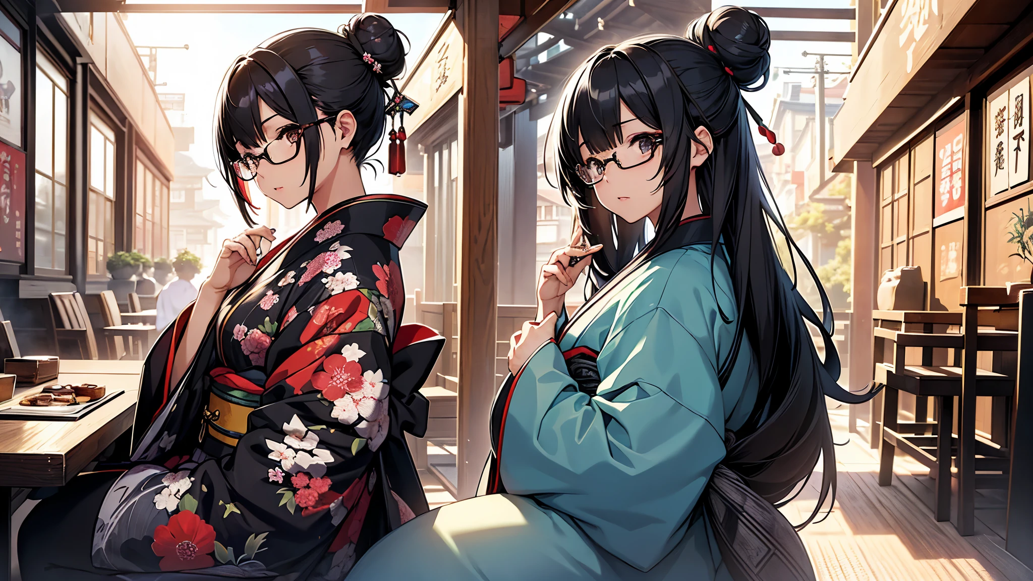 ((1 personの女の子:1.3)), masterpiece, highest quality, Great beauty, [[3D]], 4K, Absurd, In detail, Highly detailed eyes, Perfect Anatomy, Official Art, (whole body), Shoot from the front, Kyoto, Sit on a chair in a Japanese-style cafe, beautiful girl, 1 person, Warm lighting, wear Kimono, Kimono with vibrantly colored patterns, Blue sky outside, Japanese anime style, Bun Hair, Black Hair, Highly glossy detailed black eyes, White skin, Detailed skin, Daytime,Glasses, Composition seen from a distance, Dark Eyes, A dignified expression