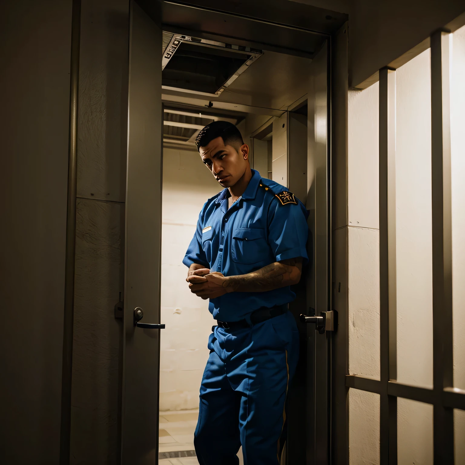 A man imprisoned in jail with his uniform on
