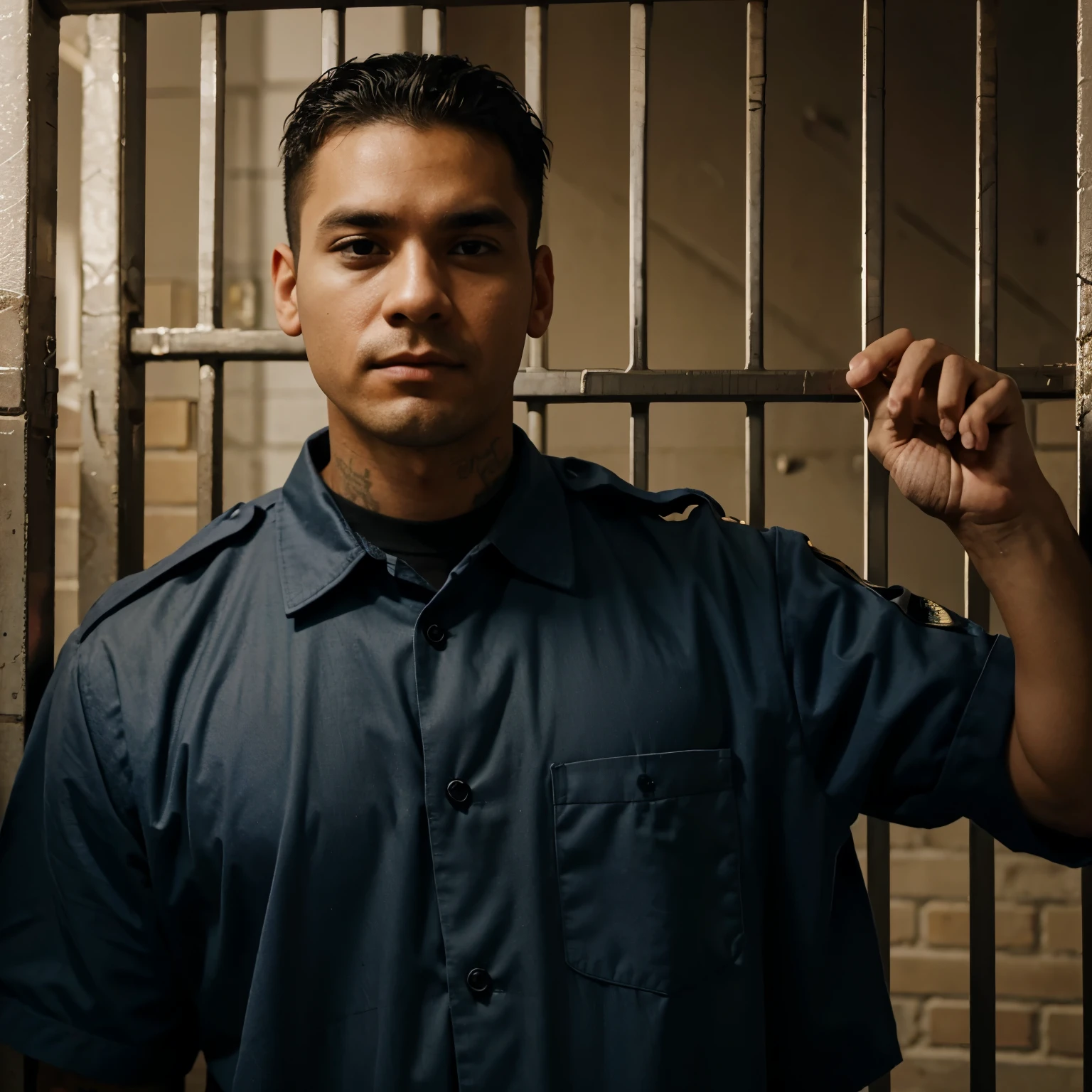 A man imprisoned in jail with his uniform on