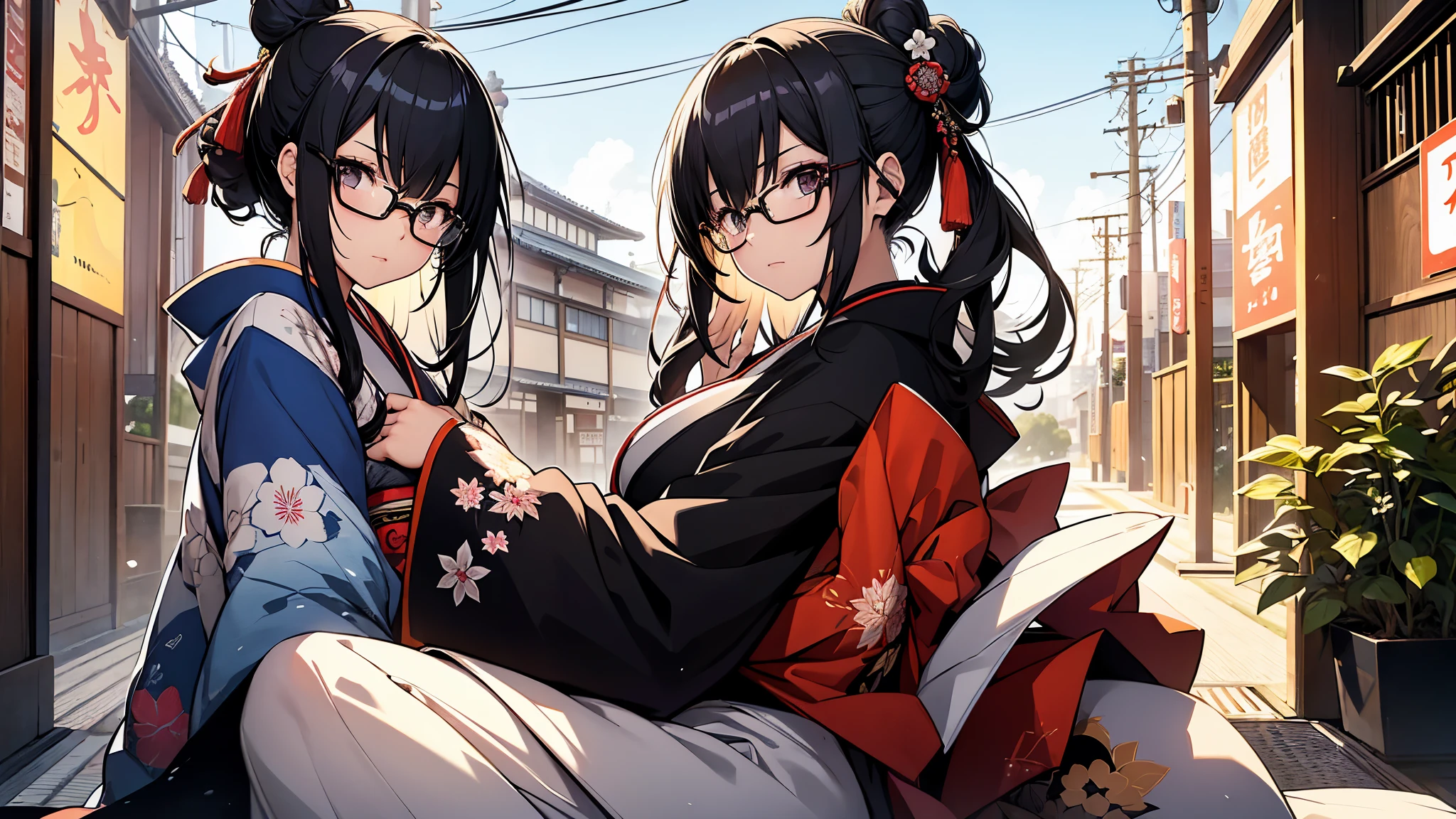 ((1 personの女の子:1.3)), masterpiece, highest quality, Great beauty, [[3D]], 4K, Absurd, In detail, Highly detailed eyes, Perfect Anatomy, Official Art, (whole body), Shoot from the front, Kyoto, Sit on a chair in a Japanese-style cafe, beautiful girl, 1 person, Warm lighting, wear Kimono, Kimono with vibrantly colored patterns, Blue sky outside, Japanese anime style, Bun Hair, Black Hair, Highly glossy detailed black eyes, White skin, Detailed skin, Daytime,Glasses, Composition seen from a distance, Dark Eyes, A dignified expression