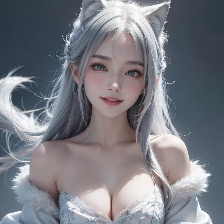 snowing mountain、white wolf、 ((highest quality、masterpiece、8k、best image quality、ultra high resolution、Award-winning work)、(accurate anatomy:1.1)、(look at me and smile:1.1)、Shining fair skin with ultra high resolution、most detailed face、ultra high resolution detailed face、white short hair flowing 、Beautiful face drawn in every detail、(blurred background:1.1)、 Inuit fur clothing, chest together, real wolf beside the girl