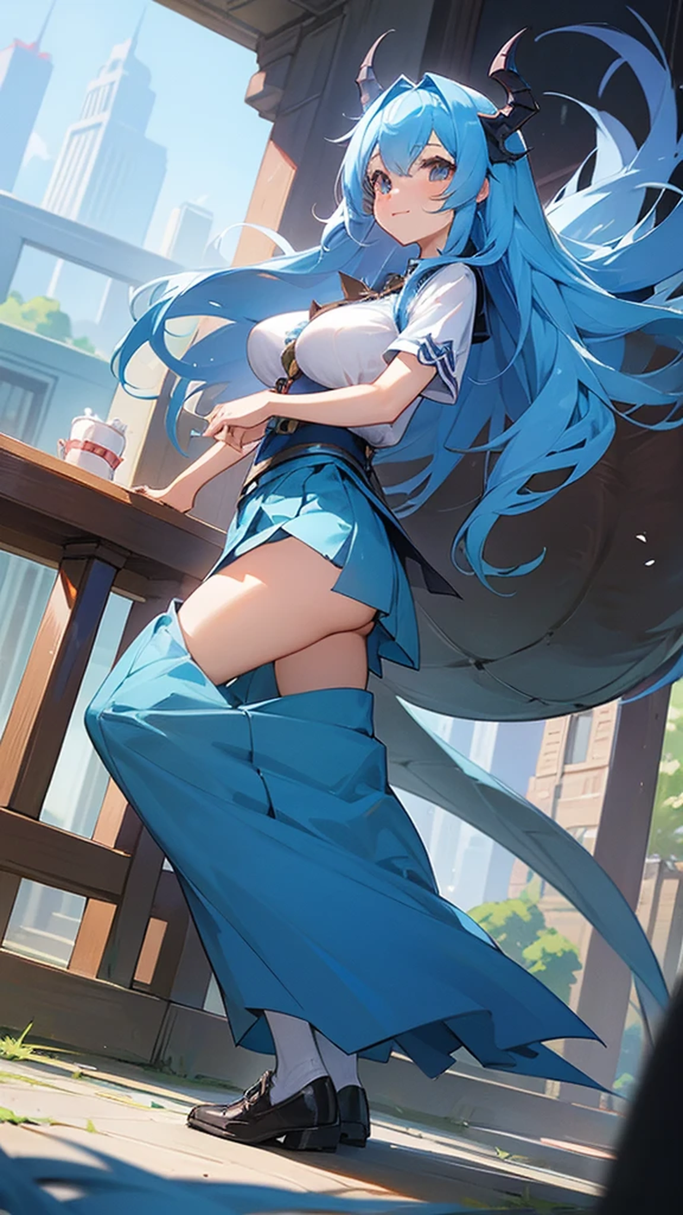 cute、About high school students、beautiful girl、Reincarnation in Another World、Blue Hair、Long Hair、Another World City、Big Breasts、dragon next door、high resolution、skirt、