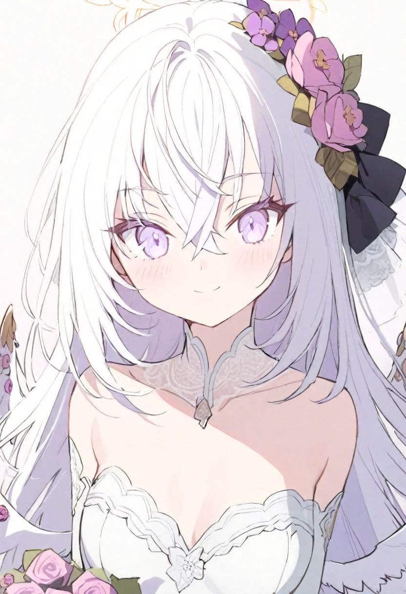 azusa \(blue archive\),1girl 1other alternate_costume angel_wings bare_shoulders blush bouquet bridal_veil bride cleavag_mouth collarbone dress feathered_wings flower hair_between_eyes halo holding holding_bouquet jewelry long_hair looking_at_viewer medium_breasts necklacf_frame pink_flower pink_rose pov pov_hands purple_eyes rose solo_focus strapless strapless_dress veil very_long_hair wedding_dress white_dress white_flower white_hair white_rose white_wings wings small_breasts smile