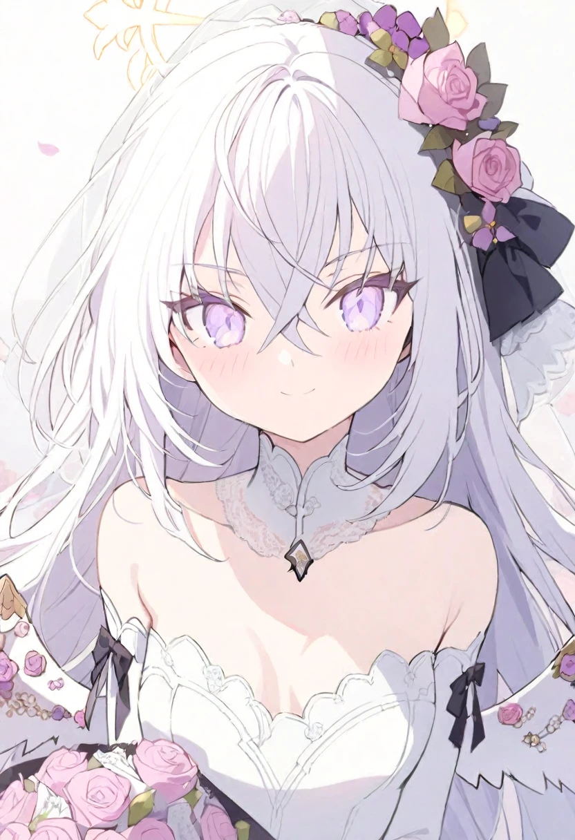 azusa \(blue archive\),1girl 1other alternate_costume angel_wings bare_shoulders blush bouquet breasts bridal_veil bride cleavage closed_mouth collarbone dress feathered_wings flower hair_between_eyes halo holding holding_bouquet jewelry long_hair looking_at_viewer medium_breasts necklace out_of_frame pink_flower pink_rose pov pov_hands purple_eyes rose solo_focus strapless strapless_dress veil very_long_hair wedding_dress white_dress white_flower white_hair white_rose white_wings wings small_breasts smile