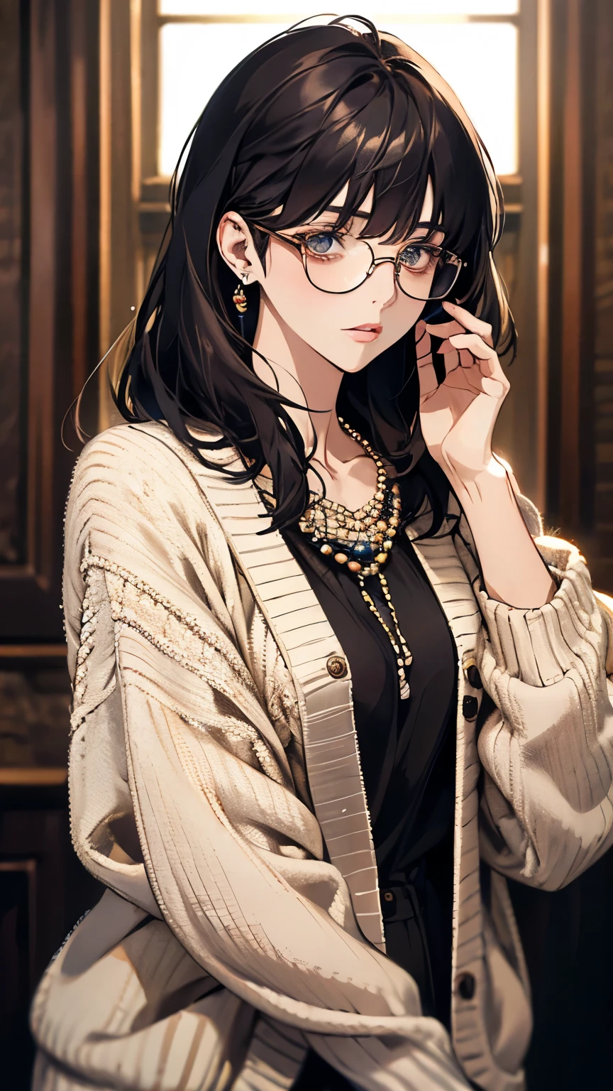 gorgeous adult woman, long neck, long short hair, bangs, perfect eyes eyes, soft light, high quality, 4k resolution, casual clothes, bead necklace, knit cardigan, over-rim eyewear, bespectacled