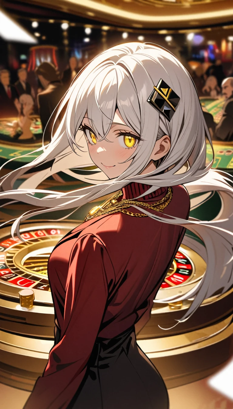 One woman, flowing white hair, melancholy eyes, yellow eyes, black diamond-shaped hairpin, formal Soviet-style two-piece black suit, red turtleneck sweater under suit, gold necklace, casino, innocence, smile, looking back,