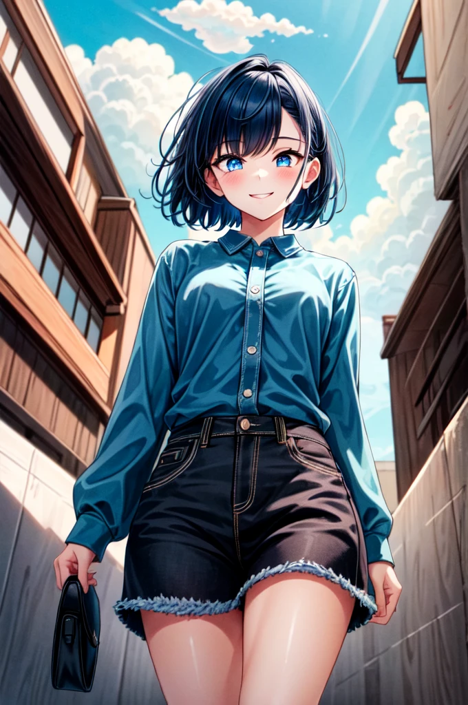 masterpiece, best quality, cowboy shot, view from below, 1girl, looking at viewer, cyan eyes, cool beauty, short hairstyle, dark blue hair, sharp eyes, mature face, slim body, casual clothes, cool face, cool smile