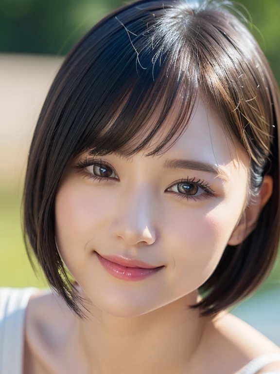 (Tabletop)、(highest quality:1.5)、(Realistic:1.5)、(1 person:1.5)、(Very detailed)、(High resolution)、8k、Dynamic composition、camisole、normal breasts、Natural color lips、Cute Smile、Cute Smile、20-year-old girl、(Beautiful and elaborate face)、(Perfect and beautiful face)、(Big eyes)、(Beautiful and elaborate face)、(Balanced eyes)、Perfect and beautiful double eyelids、Perfect and beautiful face、Arched eyebrows、 Thin eyebrows、Feminine poses、Slim face and figure、Beautiful and thin nose、 Beautiful Skin、(Medium Bob Hair)、Natural Bangs、Fair skin、Front lighting、Lighting the face、