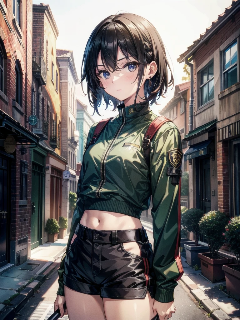 whole body, long sword, Black military uniform, Ladies' military vests, absurdres, RAW photo, extremely delicate and beautiful, masterpiece, Best Quality, ultra high resolution, 32k, hyperrealistic, ultra-detailed, tearful mole, earring, short medium hair, wavy hair, urban backdrop, shorts, midriff,