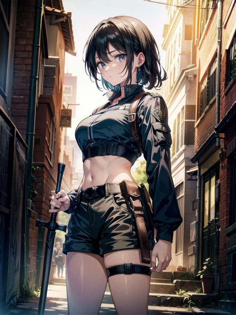 whole body, long sword, Black military uniform, Ladies' military vests, absurdres, RAW photo, extremely delicate and beautiful, masterpiece, Best Quality, ultra high resolution, 32k, hyperrealistic, ultra-detailed, tearful mole, earring, short medium hair, wavy hair, urban backdrop, shorts, midriff, 