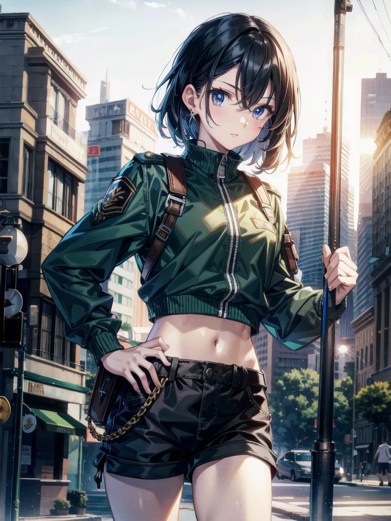 whole body, long sword, Black military uniform, Ladies' military vests, absurdres, RAW photo, extremely delicate and beautiful, masterpiece, Best Quality, ultra high resolution, 32k, hyperrealistic, ultra-detailed, tearful mole, earring, short medium hair, wavy hair, urban backdrop, shorts, midriff, 