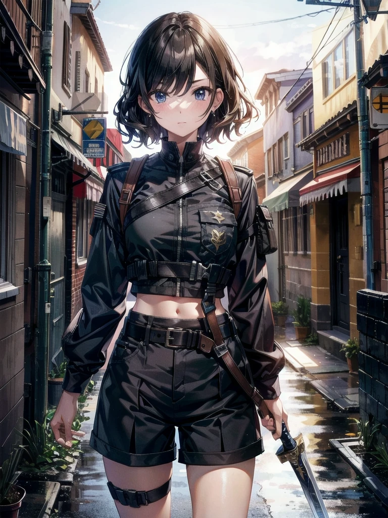 whole body, long sword, Black military uniform, Ladies' military vests, absurdres, RAW photo, extremely delicate and beautiful, masterpiece, Best Quality, ultra high resolution, 32k, hyperrealistic, ultra-detailed, tearful mole, earring, short medium hair, wavy hair, urban backdrop, shorts, midriff, 