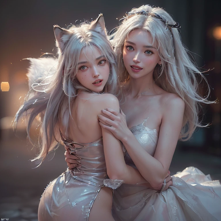 Desert, windy weather, white wolf, ((highest quality, masterpiece, 8k, best image quality, ultra high resolution, Award-winning work), (accurate anatomy:1.1), (look at me and smile:1.1), Shining fair skin with ultra high resolution, most detailed face, ultra high resolution detailed face, white short hair flowing, Beautiful face drawn in every detail, ancient colorful Greek clothing, modest breast, real wolf beside the girl, HDR, UHD, studio lighting, ultra-fine painting, sharp focus, physically-based rendering, extreme detail description, professional, vivid colors, bokeh, photo-realistic:1.37), portraits, landscape, horror, anime, sci-fi, photography, concept artists, warm color tones, soft lighting, dance with wolves.