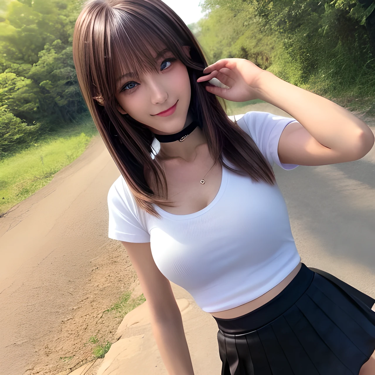 masterpiece, Front view, Cute Japanese aristocratic woman, (輝くBrown Hair, Straight Long Hair), ((Ivory tight T-shirt, mini skirt)), Very cute face, Glossy Lips, Double eyelids on both eyes, Natural Makeup, Brown Hair, Asymmetrical bangs, High resolution, Attention to detail, Detailed hairstyle, Detailed face, Octane Rendering, Ultra-realistic, Perfect limbs, ((Black choker)), blue eyes, (Big Breasts), ((Slim body:1.5)), Cool Beauty, ((Slim face)), smile, Mature Woman, Browsing Caution:-1.2, Long, Bushy Eyelashes, Cleavage, ((Rural outskirts)), 