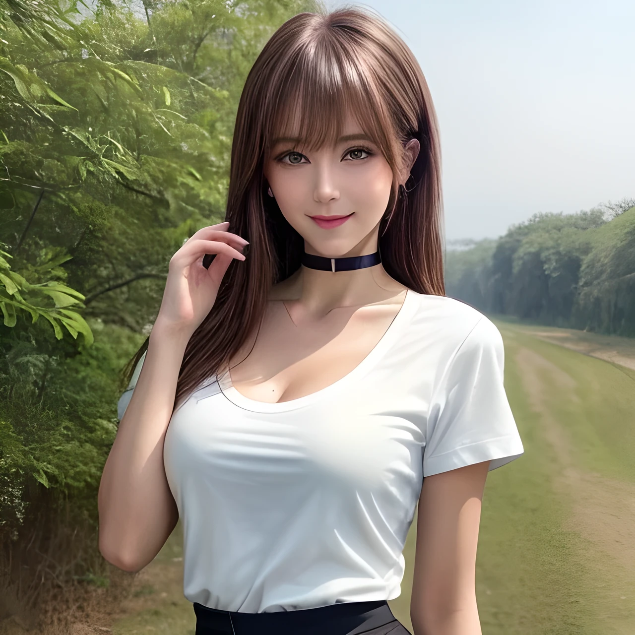 masterpiece, Front view, Cute Japanese aristocratic woman, (輝くBrown Hair, Straight Long Hair), ((Ivory tight T-shirt, mini skirt)), Very cute face, Glossy Lips, Double eyelids on both eyes, Natural Makeup, Brown Hair, Asymmetrical bangs, High resolution, Attention to detail, Detailed hairstyle, Detailed face, Octane Rendering, Ultra-realistic, Perfect limbs, ((Black choker)), blue eyes, (Big Breasts), ((Slim body:1.5)), Cool Beauty, ((Slim face)), smile, Mature Woman, Browsing Caution:-1.2, Long, Bushy Eyelashes, Cleavage, ((Rural outskirts)), 