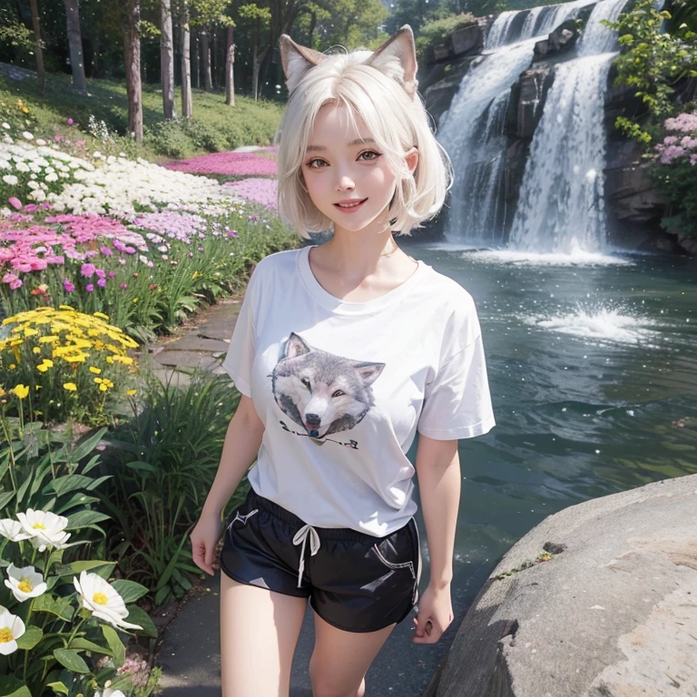Walking in a flower tunnel, Tunel of colorful flowers windy weather, white wolf、 ((highest quality、masterpiece、8k、best image quality、ultra high resolution、Award-winning work)、(accurate anatomy:1.1)、(look at me and smile:1.1)、Shining fair skin with ultra high resolution、most detailed face、ultra high resolution detailed face、white short hair flowing 、Beautiful face drawn in every details,T shirt and shorts, modest breast , real wolf beside the girl 