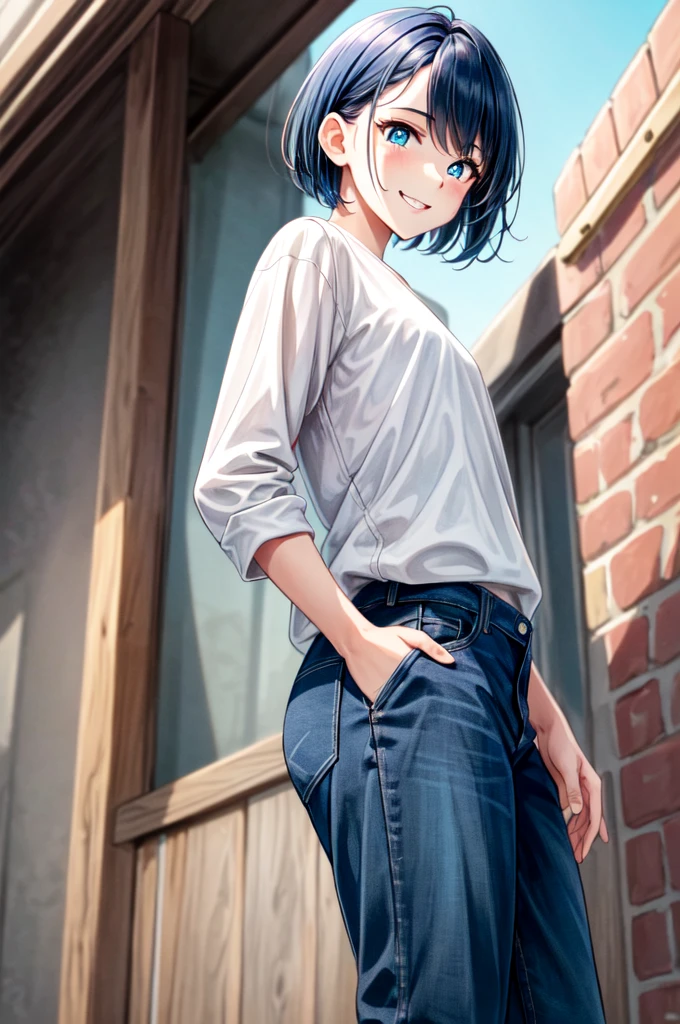 masterpiece, best quality, cowboy shot, view from below, 1girl, looking at viewer, cyan eyes, cool beauty, very short hairstyle, dark blue hair, sharp eyes, mature face, slim body, casual clothes, cool face, cool smile, tomboy