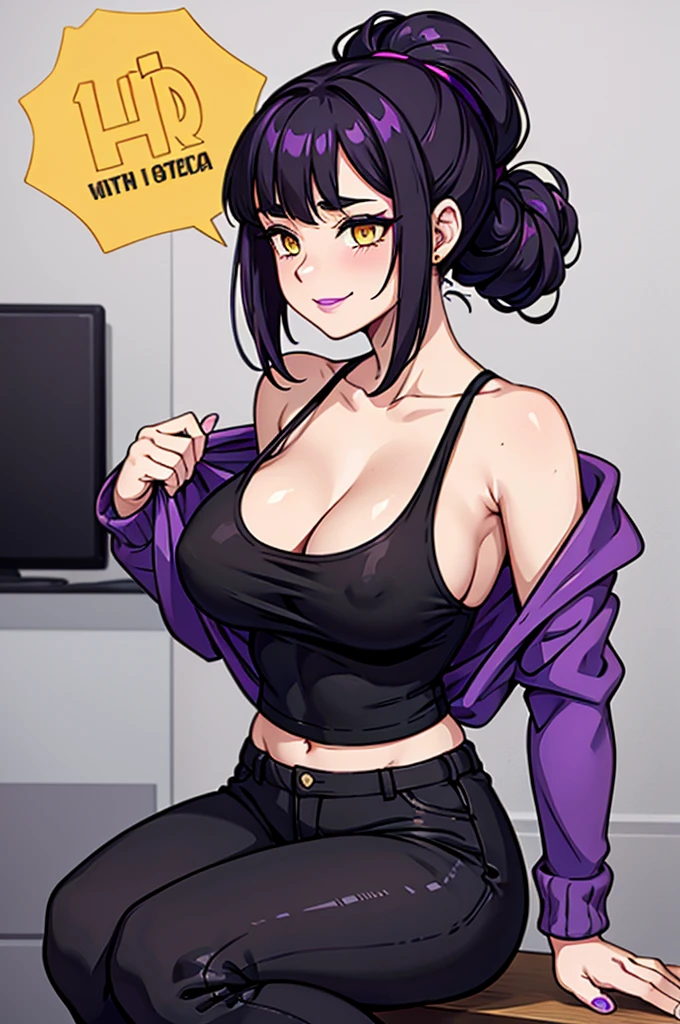 image of a 5'9ft tall woman, with dark black hair tied in a updo, pale skin and golden yellow eyes. wearing a silk violet tank top with a bra underneath her tank top, black pants and black heels. she has an athletic voluptuous body and has a small breast size. she has purple lipstick, purple painted fingernails. she has a seductive smile