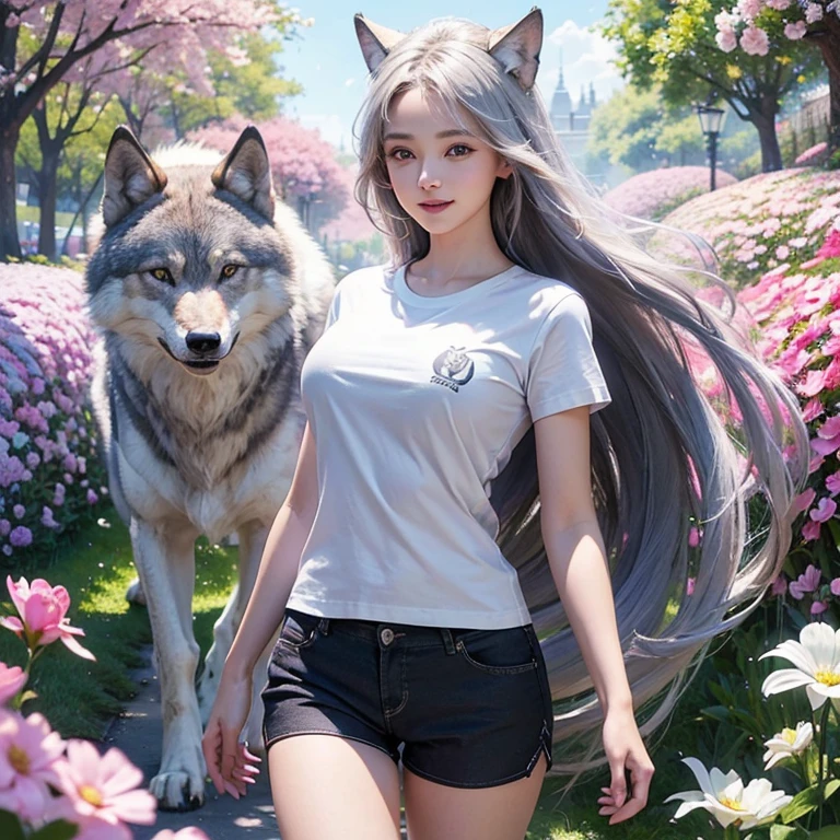 Walking in a flower tunnel, Tunel of giant colorful flowers, windy weather, white wolf、 ((highest quality、masterpiece、8k、best image quality、ultra high resolution、Award-winning work)、(accurate anatomy:1.1)、(look at me and smile:1.1)、Shining fair skin with ultra high resolution、most detailed face、ultra high resolution detailed face、white short hair flowing 、Beautiful face drawn in every details,T shirt and shorts, modest breast , real wolf beside the girl 