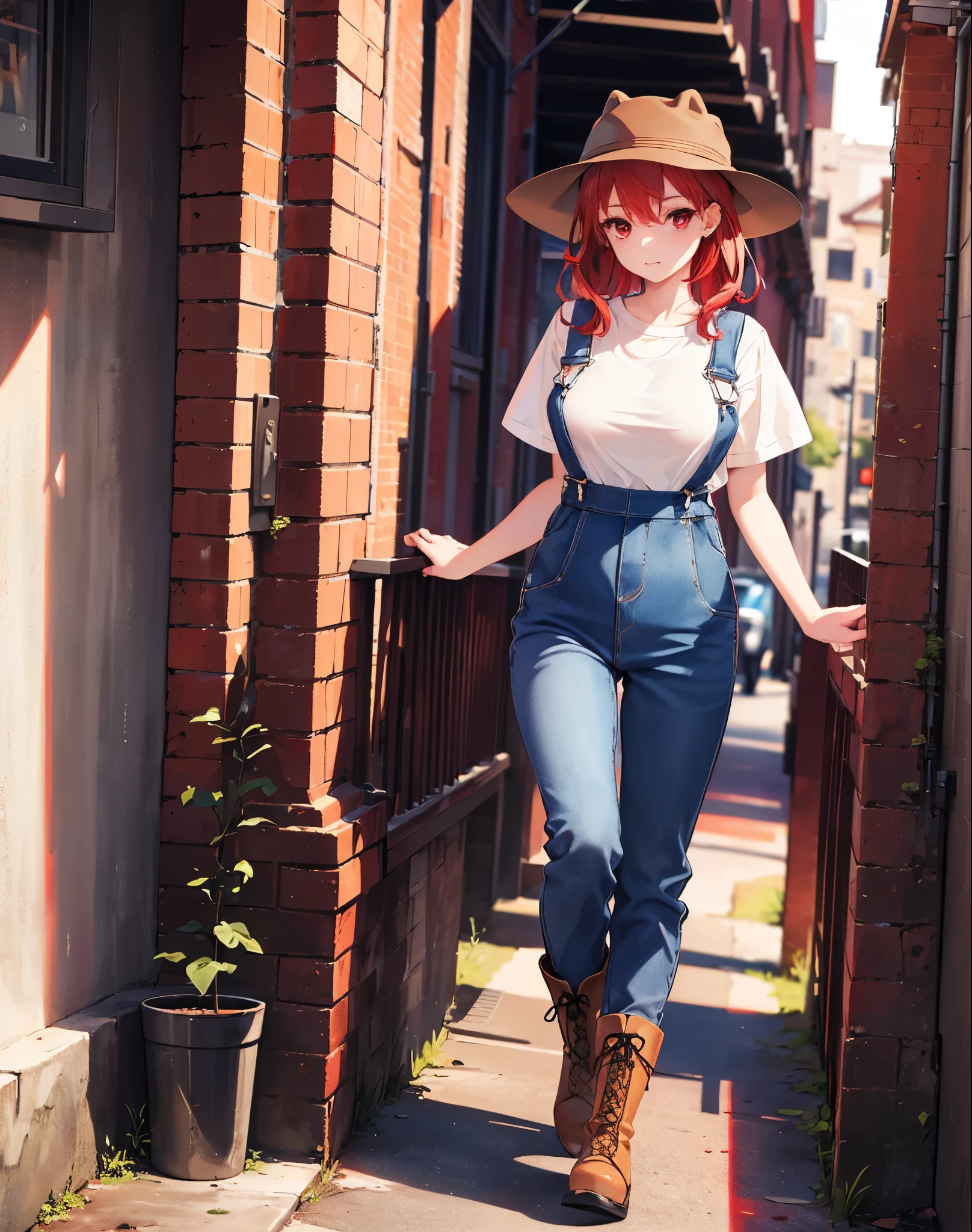 Realistic,highest quality, Ultra Detail, High-quality CG rendering, The most delicate and beautiful, Floating softly, High resolution, (1 girl), (Highest quality,4K,8K,masterpiece:1.2),(All red hair:1.5), (Medium Hair:1.5),(Red eyes:1.5),(Slightly larger breasts:1.2), (Beige overalls:1.3),(Pure white inner T-shirt:1.3),(Black boots:1.3)、(Brown hunting hat:1.3)、Piercing in left ear,In the city,old buildings,(whole body:1.3)