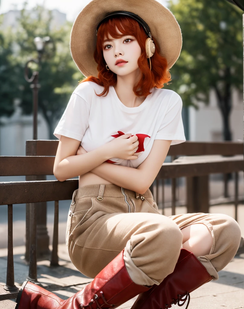 Realistic,highest quality, Ultra Detail, High-quality CG rendering, The most delicate and beautiful, Floating softly, High resolution, (1 girl), (Highest quality,4K,8K,masterpiece:1.2),(All red hair:1.5), (Medium Hair:1.5),(Red eyes:1.5),(Slightly larger breasts:1.2), (Beige overalls:1.3),(Pure white inner T-shirt:1.3),(Black boots:1.3)、(Brown hunting hat:1.3)、Piercing in left ear,In the city,old buildings,(whole body:1.3)