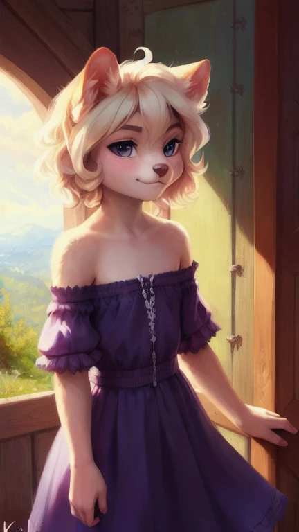 A beautiful and detailed (sweet portrait), ((young domestic dog)), Schlank, liebenswert, Small breasts, bequeme Kleidung, Dekollete, Grinsen, hoch schauen, Hochgeladen E621, detailed flauschige fur, (von Fluff-Kevlar, Bayard Wu, personalami, Pino Daeni), detailliertes Gesicht, (flauschige), 1girl, Allein, kein Wasserzeichen, very cute off shoulder dress, mischievous look, adorable, full body, extremely detailed, 
