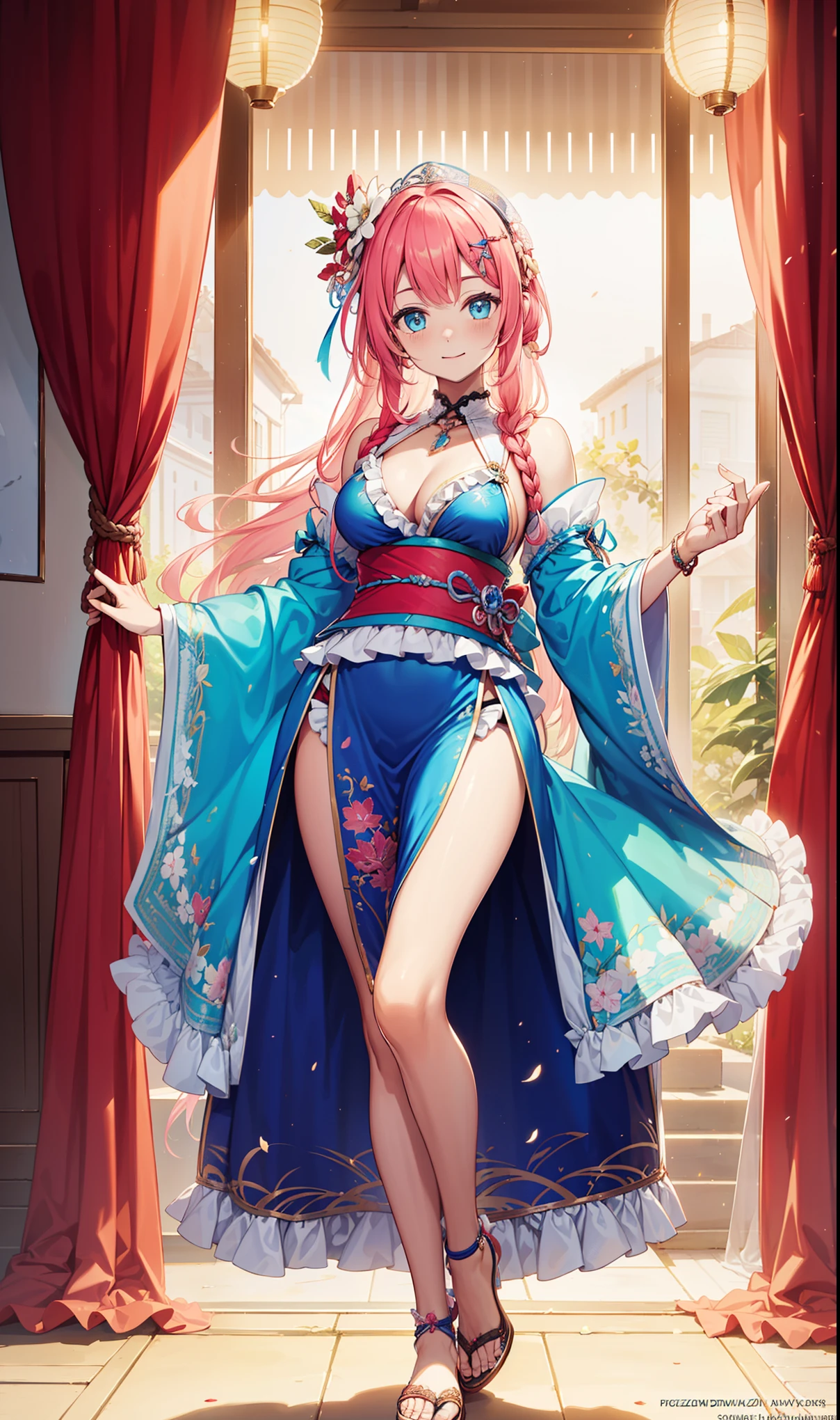 (best quality, high resolution, textured skin, high quality, high detail,Extremely detailed CG Unity),teenage girl,Obsessed,divine happiness,in love,(Swimwear and Kimono:1.2),pink hair,blue eyes,(Fabric headwear minimalism,Multi-layered delicate ruffles,lots of lace,multicolor cloth,exquisite embroidery,Exquisite pattern,Fabric headwear,exquisite clothing,see through transparent clothes,bedroom,night,(dazzle:1.2),movie lighting,the only person,Fluttering skirts,