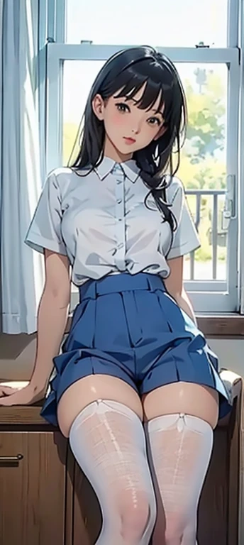 Girl in summer dress, White shirt, Light blue shorts, Pantyhose or stockings, act like she wants to kiss you, View from the viewer's perspective, Large Breasts, (((Cleavage)))(((Cleavage))), Random Background, enchanting appearance, ((Very detailed)), (Perfect facial details), (Detailed hands) Realistic images.