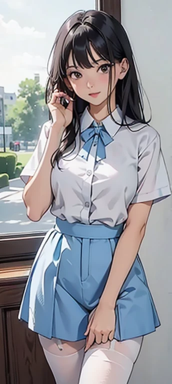 Girl in summer dress, White shirt, Light blue shorts, Pantyhose or stockings, act like she wants to kiss you, View from the viewer's perspective, Large Breasts, (((Cleavage)))(((Cleavage))), Random Background, enchanting appearance, ((Very detailed)), (Perfect facial details), (Detailed hands) Realistic images.