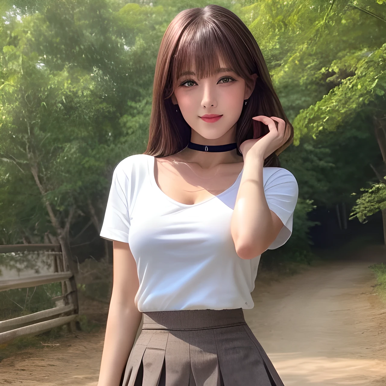 masterpiece, Front view, Cute Japanese aristocratic woman, (輝くBrown Hair, Straight Long Hair), ((Ivory tight T-shirt, mini skirt)), Very cute face, Glossy Lips, Double eyelids on both eyes, Natural Makeup, Brown Hair, Asymmetrical bangs, High resolution, Attention to detail, Detailed hairstyle, Detailed face, Octane Rendering, Ultra-realistic, Perfect limbs, ((Black choker)), blue eyes, (Big Breasts), ((Slim body:1.5)), Cool Beauty, ((Slim face)), smile, Mature Woman, Browsing Caution:-1.2, Long, Bushy Eyelashes, Cleavage, ((Rural outskirts)), 