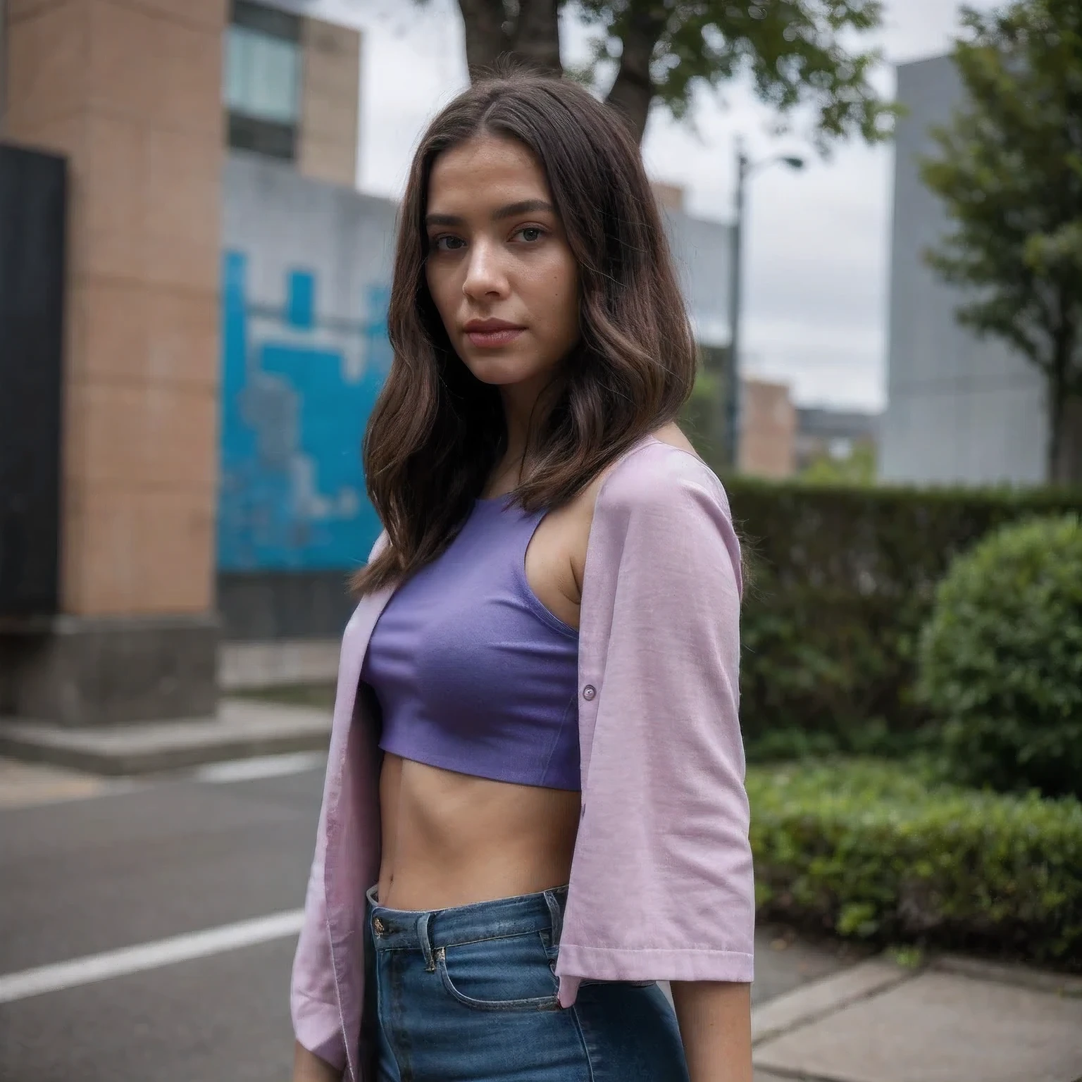 photo of a Columbia student，9 years old, in Purple Pink, Linen coarse cloth, (freckles:0.8) Blush，cute face, sci-fi, dystopian, detailed eyes, cobalt blue eyes（（Side view））Shy,best quality，masterpiece，Telephoto，Tilt-Shift，Movie Light，Doomsday Feelings，Award-winning works，Plush fabric，Blind Box Figures，8K,Pixel Core Lightning Maya Port 1:90,equidistant，3D,Three-dimensional，Cyberpunk distant background，Vortex lamination 3600 years，Greenery，Graffiti wall