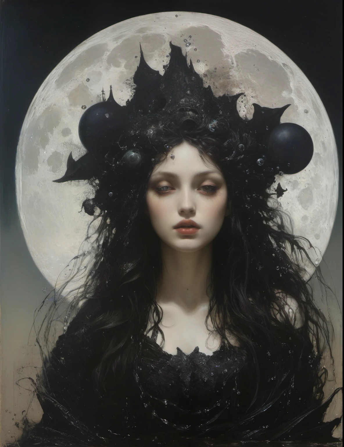 James Gurney, Surrealist art , dream-like, Mysterious, Provocative, symbolic, Complex, detailed,, (Gothic but very beautiful:1.4), (masterpiece, highest quality:1.4) , Nicola Samori Style, Moon Mermaid , Water bubbles