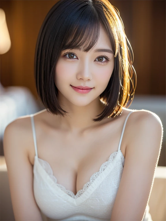 (Tabletop)、(highest quality:1.5)、(Realistic:1.5)、(1 person:1.5)、(Very detailed)、(High resolution)、8k、Dynamic composition、(camisole)、normal breasts、Natural color lips、Cute Smile、Cute Smile、20-year-old girl、(Beautiful and elaborate face)、(Perfect and beautiful face)、(Big eyes)、(Beautiful and elaborate face)、(Balanced eyes)、Perfect and beautiful double eyelids、Perfect and beautiful face、Arched eyebrows、 Thin eyebrows、Feminine poses、Slim face and figure、Beautiful and thin nose、 Beautiful Skin、(Medium Bob Hair)、Natural Bangs、Fair skin、Front lighting、Lighting the face、Beautiful cleavage、