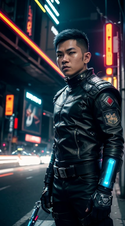 cyber punk Indonesian boy 30 year,(top-quality、8K、32K、masterpiece)、(The ultra -The high-definition)、(Photorealsitic:1.4), dynamic pose, cowboy shot, cyberpunk fashion,depth of fields, cyberpunk city background, cinematic lighting.