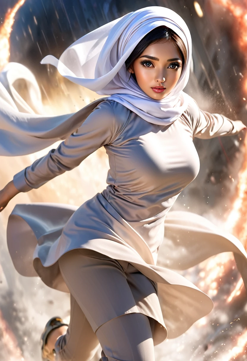 RAW, Best quality, high resolution, masterpiece: 1.3), beautiful Malay woman in hijab (iu:0.8)1beautiful Malay woman in hijab wearing modern youth Muslim clothing,medium breast, modern muslim fashion, flowing shawl, sci-fi, explosions behind, movie poster