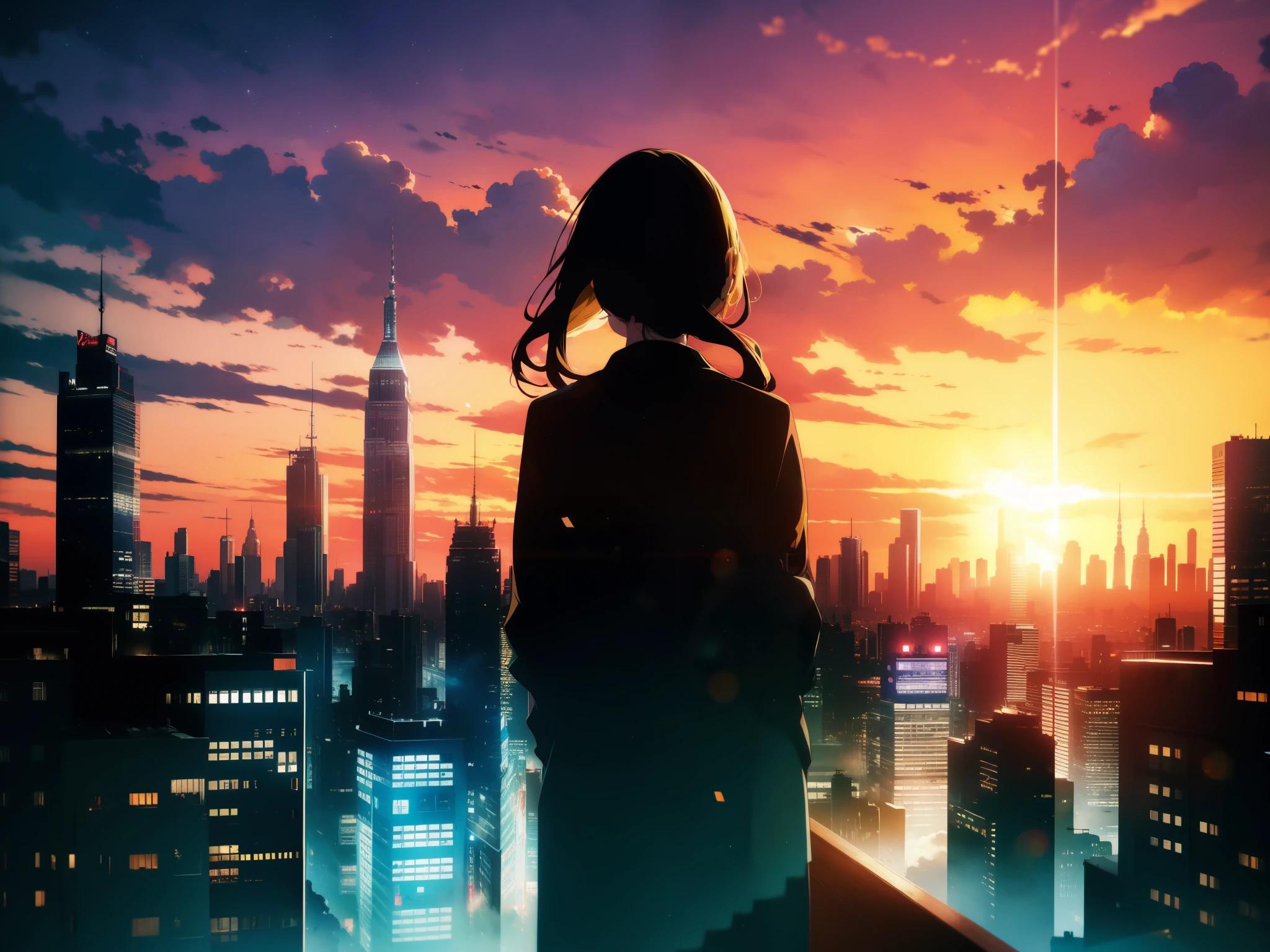 anime, (silhouette),1girl, star (sky), Back view、Blonde、cloud, cityscape, building, city, outdoors, skyscraper, city lights, night, night sky, sunset, skyline