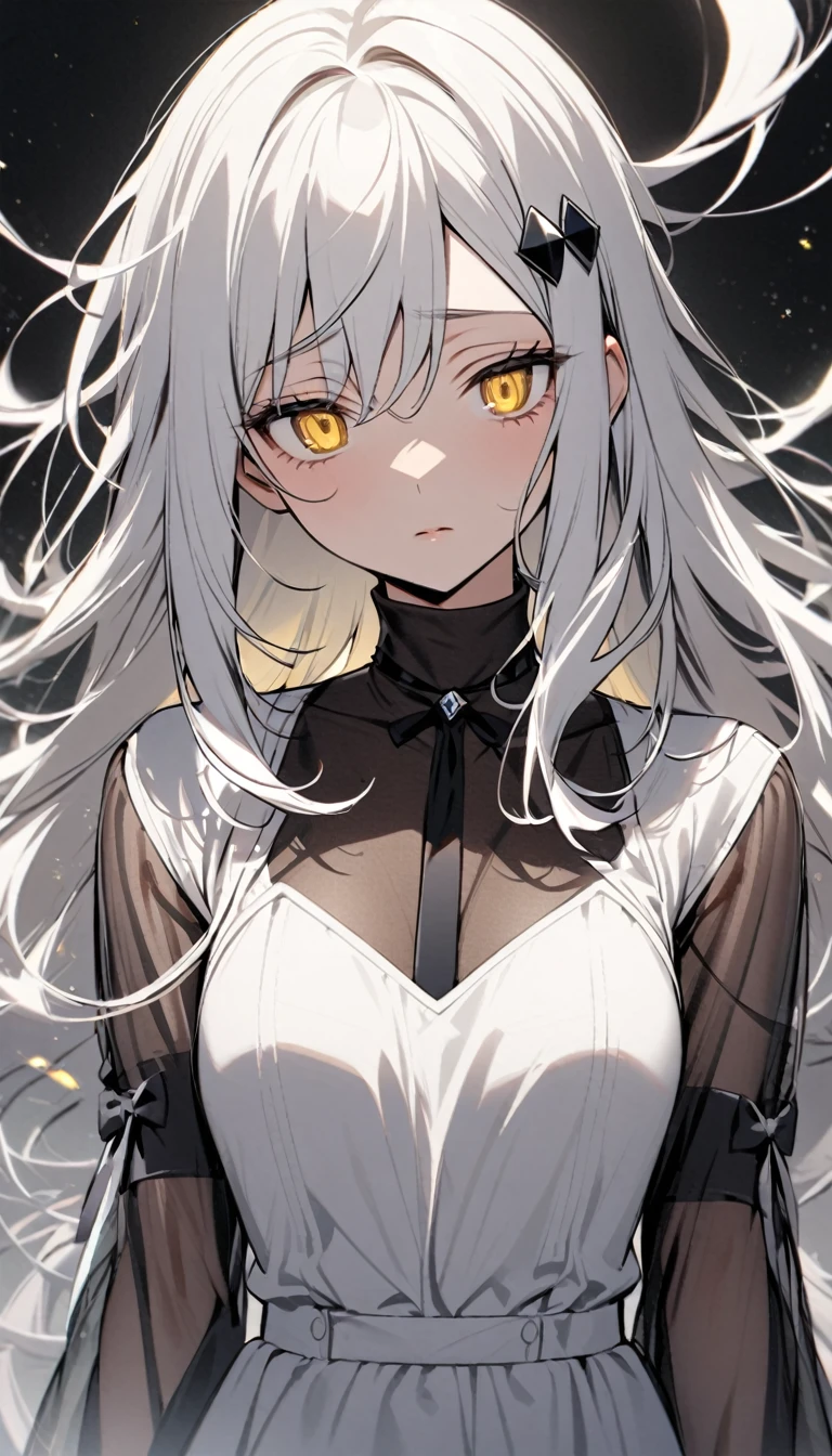 One woman, flowing white hair, melancholy eyes, yellow eyes, black diamond-shaped hairpin, see-through flared sleeves turtleneck dress, long sleeves, tie neck,