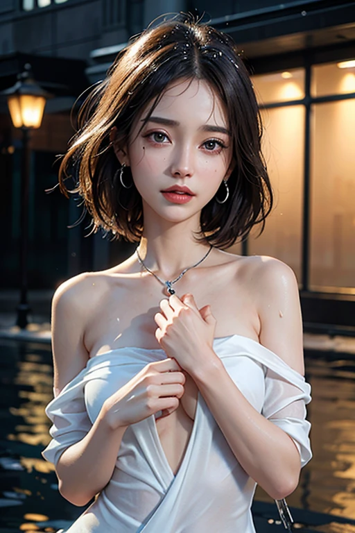 (masterpiece:1.3), (8k, Photorealistic, Raw photo, Best image quality: 1.4), Fair-skinned fairy woman, Long Haircut, Cleavage:2.0, Super detailed face, Attention to detail, double eyelid, Put your chest together, Sharp focus:1.2, Beautiful woman:1.4, Silvery white hair, highest quality, masterpiece, ultra high resolution, (Photorealistic:1.4), Highly detailed and professionally lit smile, Loose, light, Shoulder out, thin, Serious expression, Short-haired, Deadly position, gorgeous accessories, one person (RAW shooting, Photoreal:1.5, 8K, highest quality, masterpiece, ultra high resolution), (((heavy snow))), perfect dynamic composition:1.2, (In front of a city building at night in a modern city, expression of sadness:0.9, Tears are flowing:0.9, cry with a broken heart:0.9), Highly detailed skin and facial textures:1.2, Slim office lady wet in the rain:1.3, Fair skin:1.2, sexy beauty:1.1, perfect style:1.2, beautiful and aesthetic:1.1, very beautiful face:1.2, water droplets on the skin, (rain drips all over my body:1.2, wet body:1.2, wet hair:1.3), (Holding a bloody knife:1.2, Wearing a wet white blouse correctly:1.35), (Medium chest, Bra is transparent, Chest gap), (Eyes that feel beautiful eros:1.0), (Too erotic:0.9, Bewitching:0.9), necklace, earrings, bracelet