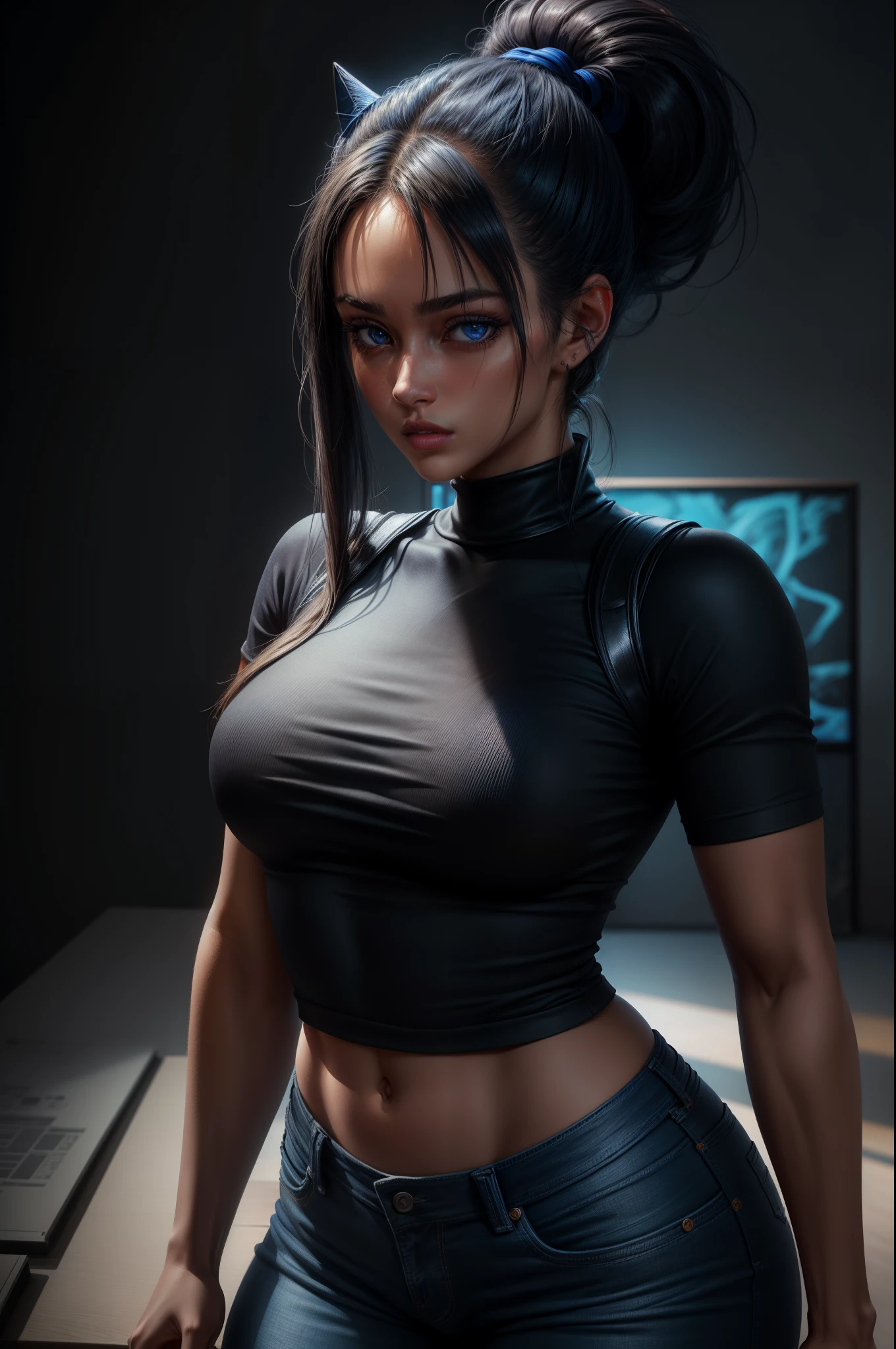 An ultra-detailed, realistic depiction of a girl with a high ponytail, wearing a black shirt and blue denim pants. The illustration should showcase the highest quality and resolution (best quality, highres, masterpiece:1.2) with sharp focus and vivid colors. The lighting should resemble a studio setup to enhance the details.