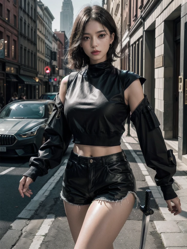 whole body, long sword, Black military uniform, Ladies' military vests, absurdres, RAW photo, extremely delicate and beautiful, masterpiece, Best Quality, ultra high resolution, 32k, hyperrealistic, ultra-detailed, tearful mole, earring, short medium hair, wavy hair, urban backdrop, shorts, midriff,