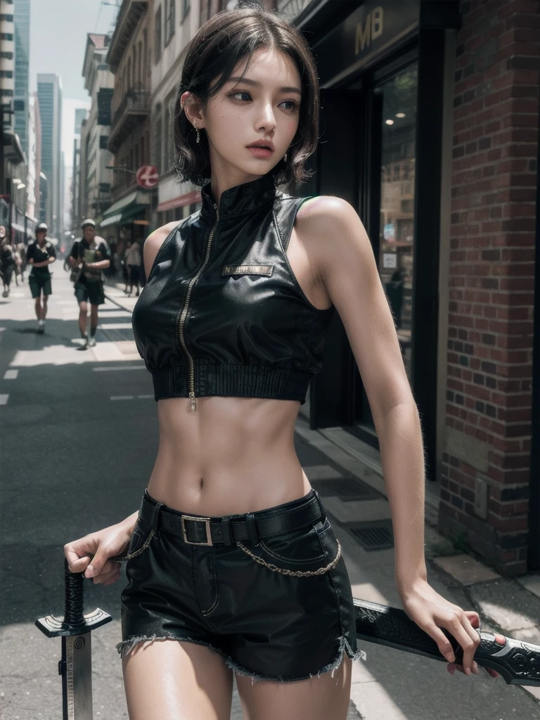 whole body, long sword, Black military uniform, Ladies' military vests, absurdres, RAW photo, extremely delicate and beautiful, masterpiece, Best Quality, ultra high resolution, 32k, hyperrealistic, ultra-detailed, tearful mole, earring, short medium hair, wavy hair, urban backdrop, shorts, midriff,
