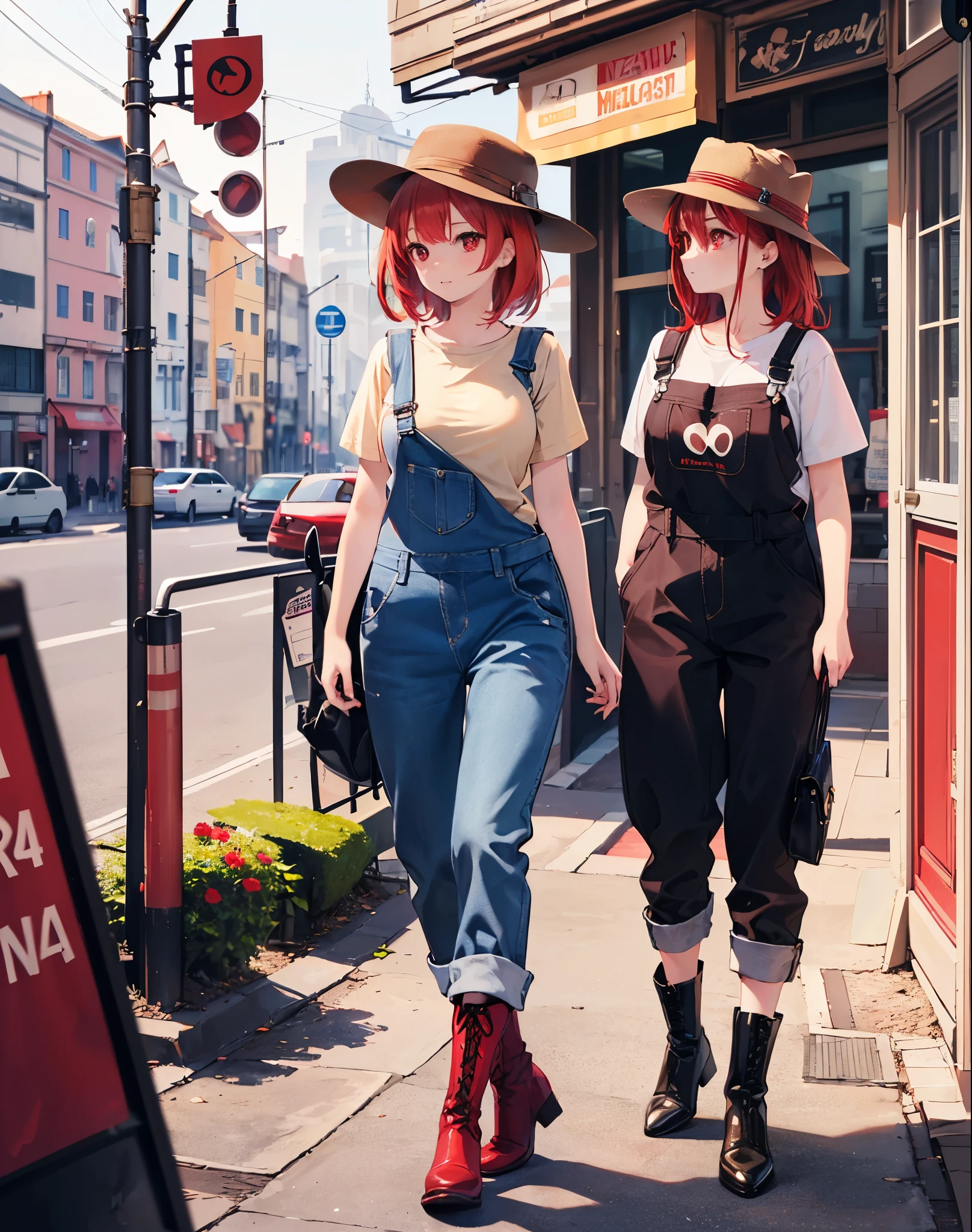 Realistic,highest quality, Ultra Detail, High-quality CG rendering, The most delicate and beautiful, Floating softly, High resolution, (1 girl), (Highest quality,4K,8K,masterpiece:1.2),(All red hair:1.5), (Medium Hair:1.5),(Red eyes:1.5),(Slightly larger breasts:1.2), (Beige overalls:1.3),(Pure white inner T-shirt:1.3),(Black boots:1.3)、(Brown hunting hat:1.3)、Piercing in left ear,In the city,old buildings,(whole body:1.3)