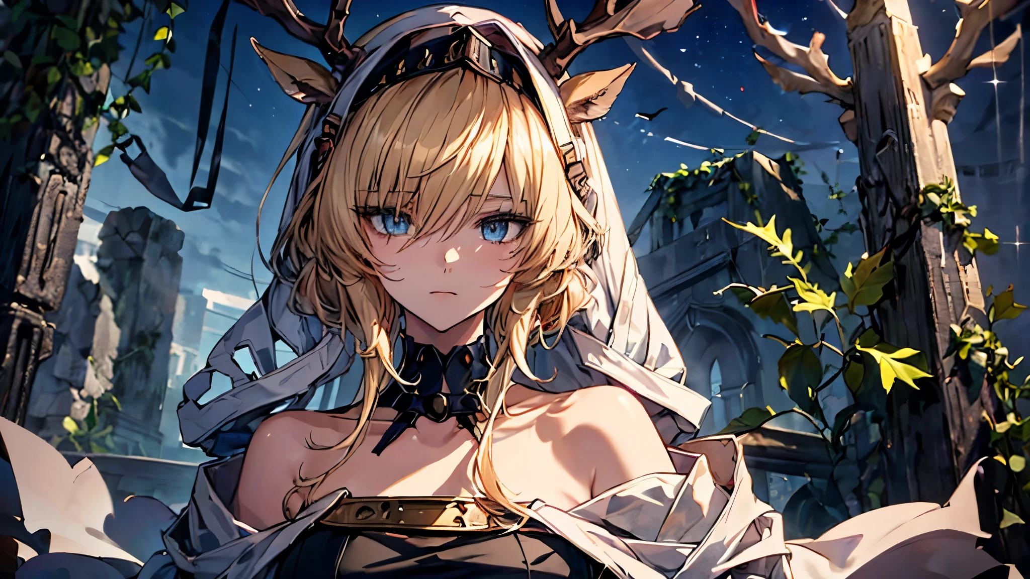 (((Masterpiece))),(incredibly_absurderes),(Best quality),(A high resolution),(Highly detailed),((CG unity 8k wallpaper)),(cool colours),(aquarelle),(an extremely delicate and beautiful lady),(20s),((domineering lady)),(Delicate face),((Beautiful detailed eyes)),(Long_eyeslashes),gold light_Hair,(small_breast enhancement),(Disheveled hair),Long hair,hair between eye,(head gear),(Off_Shoulder),(Long sleeves),(sleeves past wrists),(golden decorations),elegant,((Melancholy)),(view the viewer),Upper body,focus onface,((Close up)),((delicate beautiful sky with cirrocumulus)),(Dark sky),(stars),(Cloudy),(cirrocumulus),((Stone ruins)),((vines)),((ivy)),(Blue roses),(dense fog),(Detailed background),(Dynamic Angle),((Ray)),(Ray tracing),toplight,(Cinematic light),(light bounce),(refined rendering),((Tyndall effect)),(Depth of field),aaaaaaaaaax