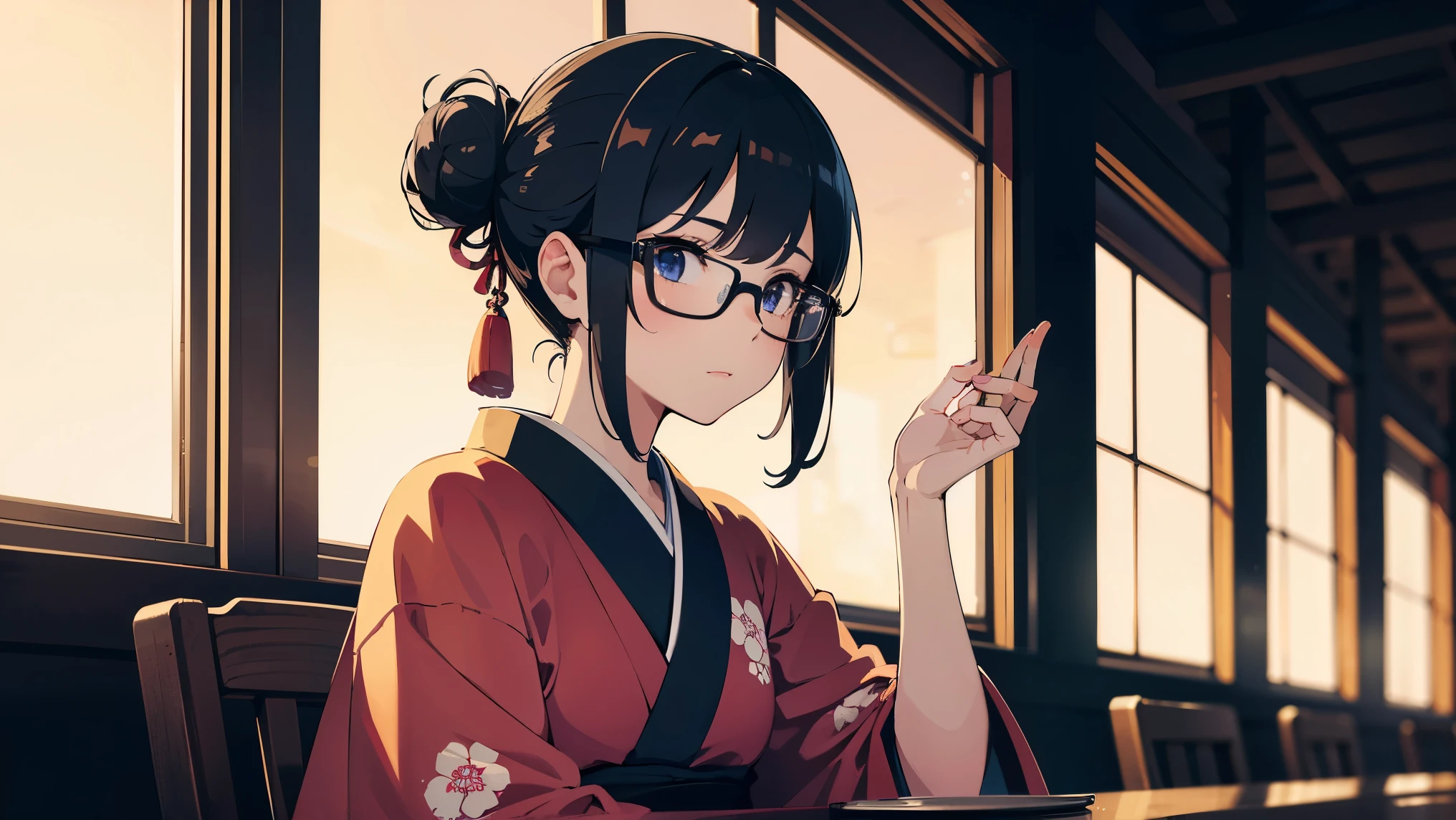 (1girl:1.3), Masterpiece, Best quality, amazing beauty, [[3D]], 4K, absurdres, finely detail, super detailed eye, perfect anatomy, official art, A beautiful girl looking into the distance in a traditional Japanese cafe, Warm lighting, Wearing a kimono, A kimono with a vividly colored pattern, Outside, the rain is falling quietly, Japanese anime style, hair bun, black hair, super shiny detailed black eye, pale skin, detailed skin, evening,Glasses,　Sitting in a chair, Shooting the whole picture from a distance, Dark Eyes, Relaxed atmosphere, Lo-fi, Resting one&#39;s chin on one&#39;s hand