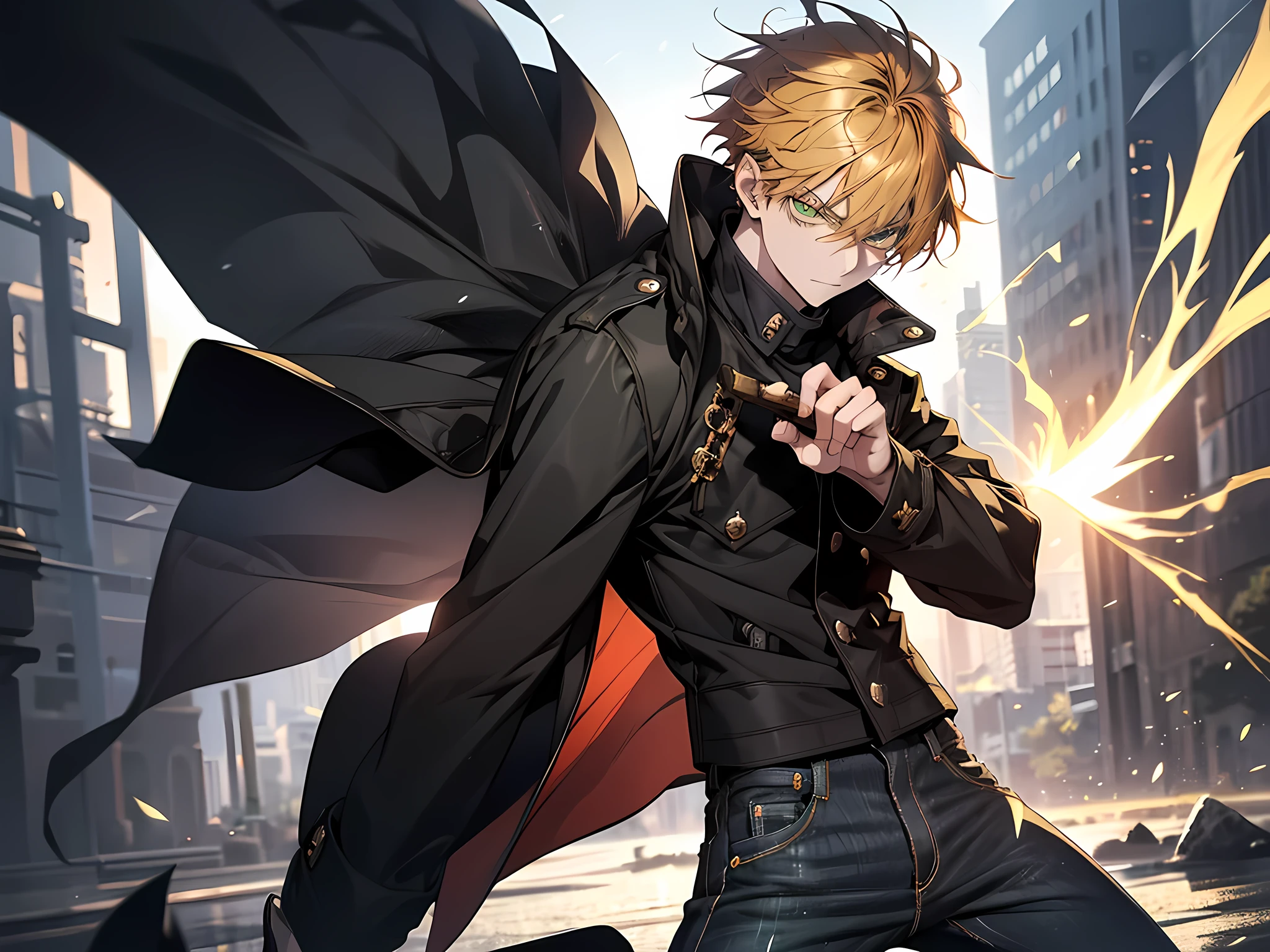 Anime male teenager with short auburn green hair and yellow coloured eyes, lean-body, an oversized black-charcoal coat and black slim straight jeans, in fighting pose holding a Dao sword on his palm in front of the camera view, sparks and electrical aura, glares straight towards the viewer with narrowed eyes, detailed face, detailed eyes, extremely detailed eyes, detailed pose,