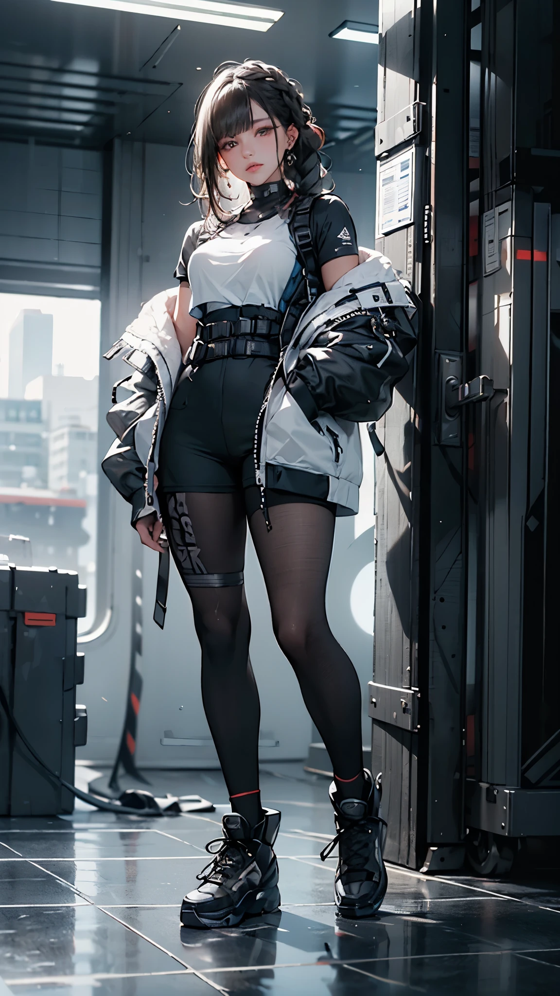 Realistic,masterpiece,best quality,cinematic lighting,natural shadow,highest detail,professional photography,detailed background,depth of field,insane details,intricate,aesthetic,detailed face,subsurface scattering,realistic hair,realistic eyes,
r1ge,1girl,muscular,photo of a girl,20yo,full body,french braid hair,crew cut,looking at viewer,Cyberbike,CyberAircraft,SPMAV,
techwear,
Neonpunkai,