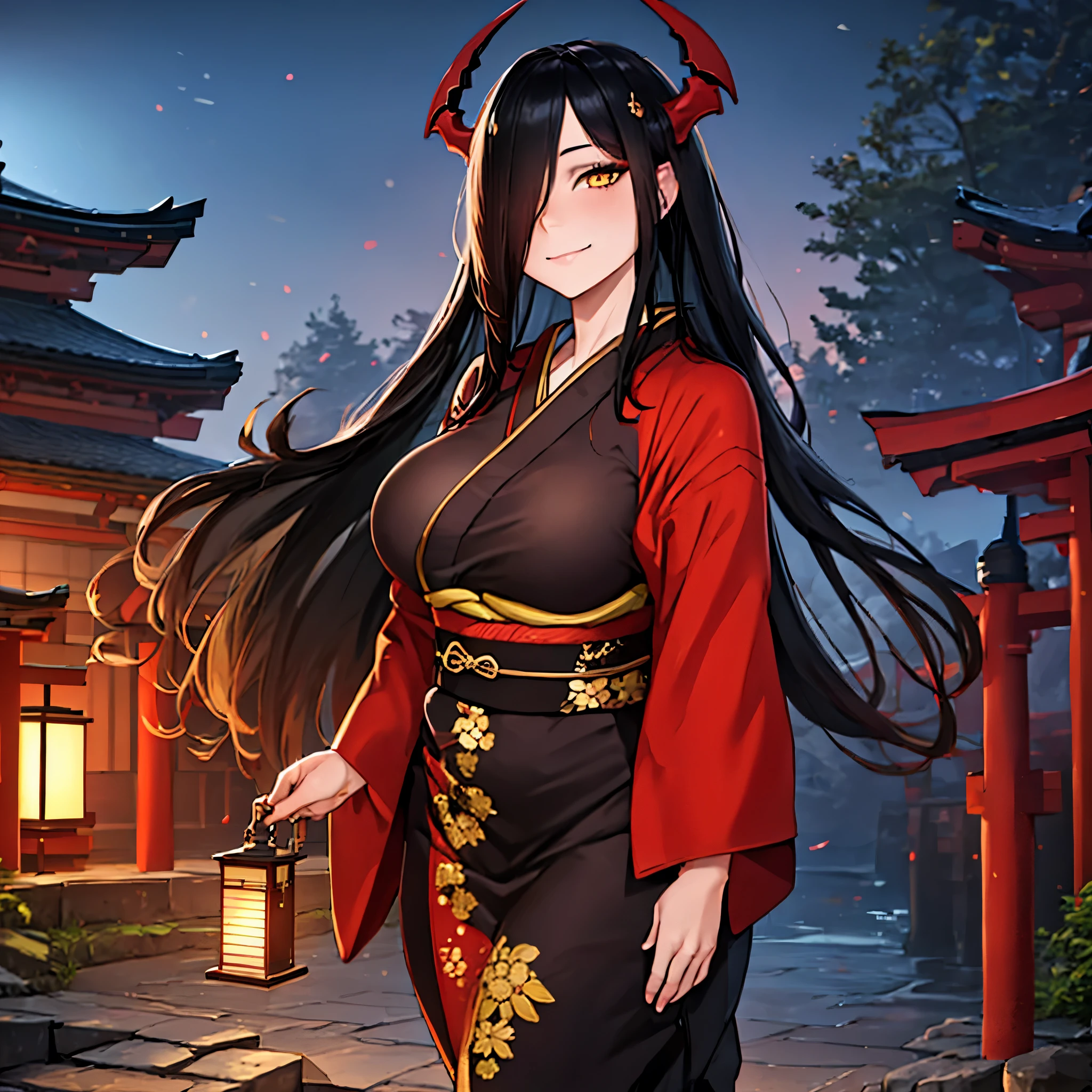 A woman wearing a long black yukata with red and gold details, long black hair, red horns, long red fur cape, yellow eyes, smiling, walking in a Japanese garden at night, traditional Japanese arch in the background, big breasts,Surrealism, drop shadow, anaglyph, stereogram, tachi-e, pov, atmospheric perspective, 8k, super detail, ccurate, best quality, award winning, textured skin, highres, anatomically correct, (woman solo)
