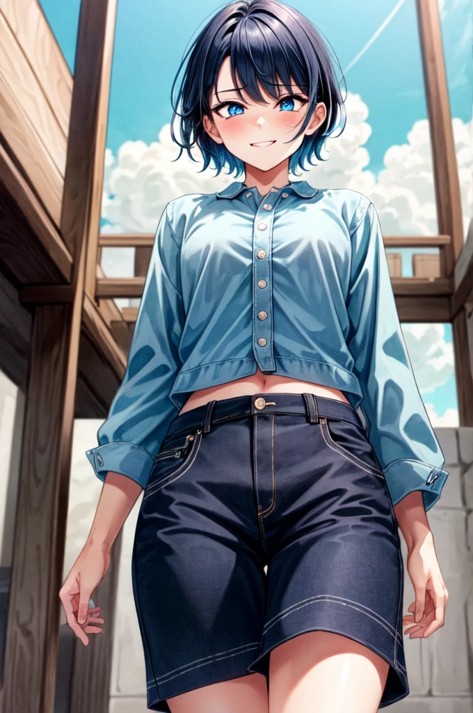 masterpiece, best quality, cowboy shot, view from below, 1girl, looking at viewer, cyan eyes, cool beauty, very short hairstyle, dark blue hair, sharp eyes, mature face, slim body, casual clothes, cool face, slight smirk, tomboy, wild appearance, wild style
